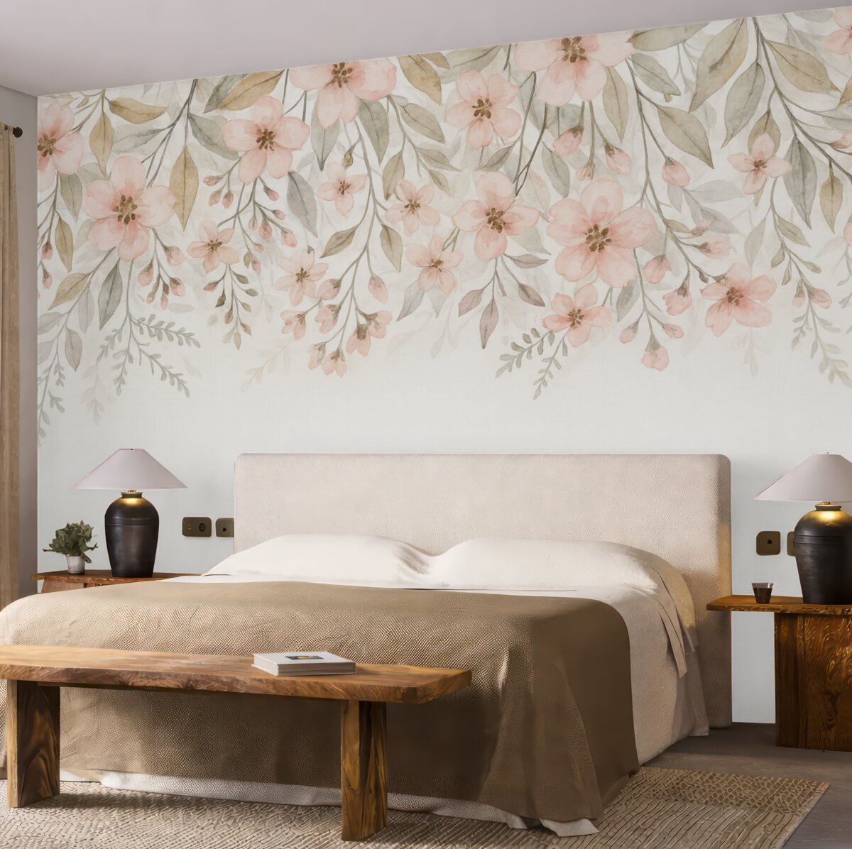 Fototapeta kwiaty oraz liście na jasnobeżowym tle