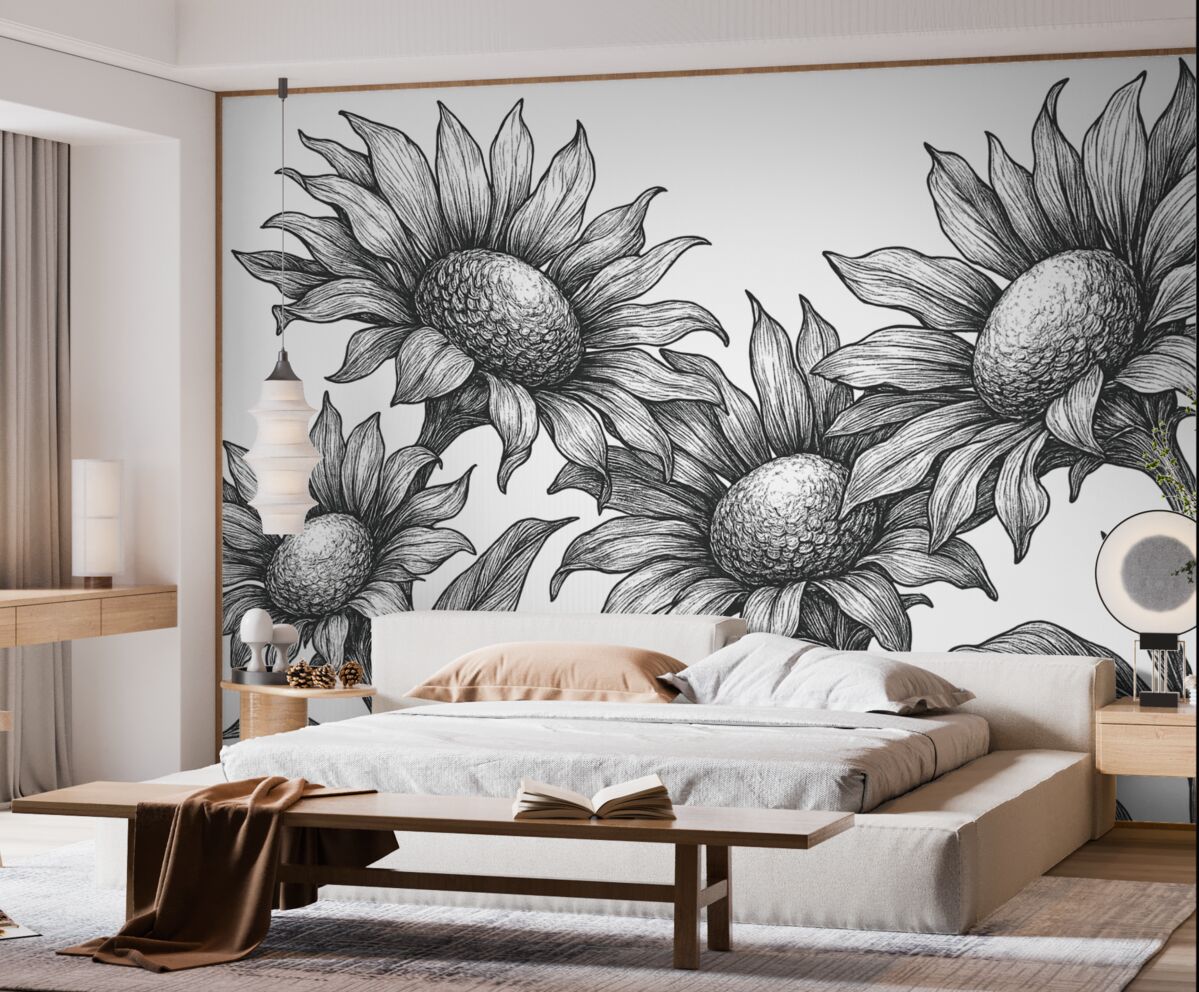 Fototapeta Wielkie kwiaty chryzantem, w szeregach, w ciemnoszarych tonach.