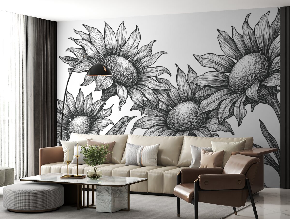 Fototapeta Wielkie kwiaty chryzantem, w szeregach, w ciemnoszarych tonach.