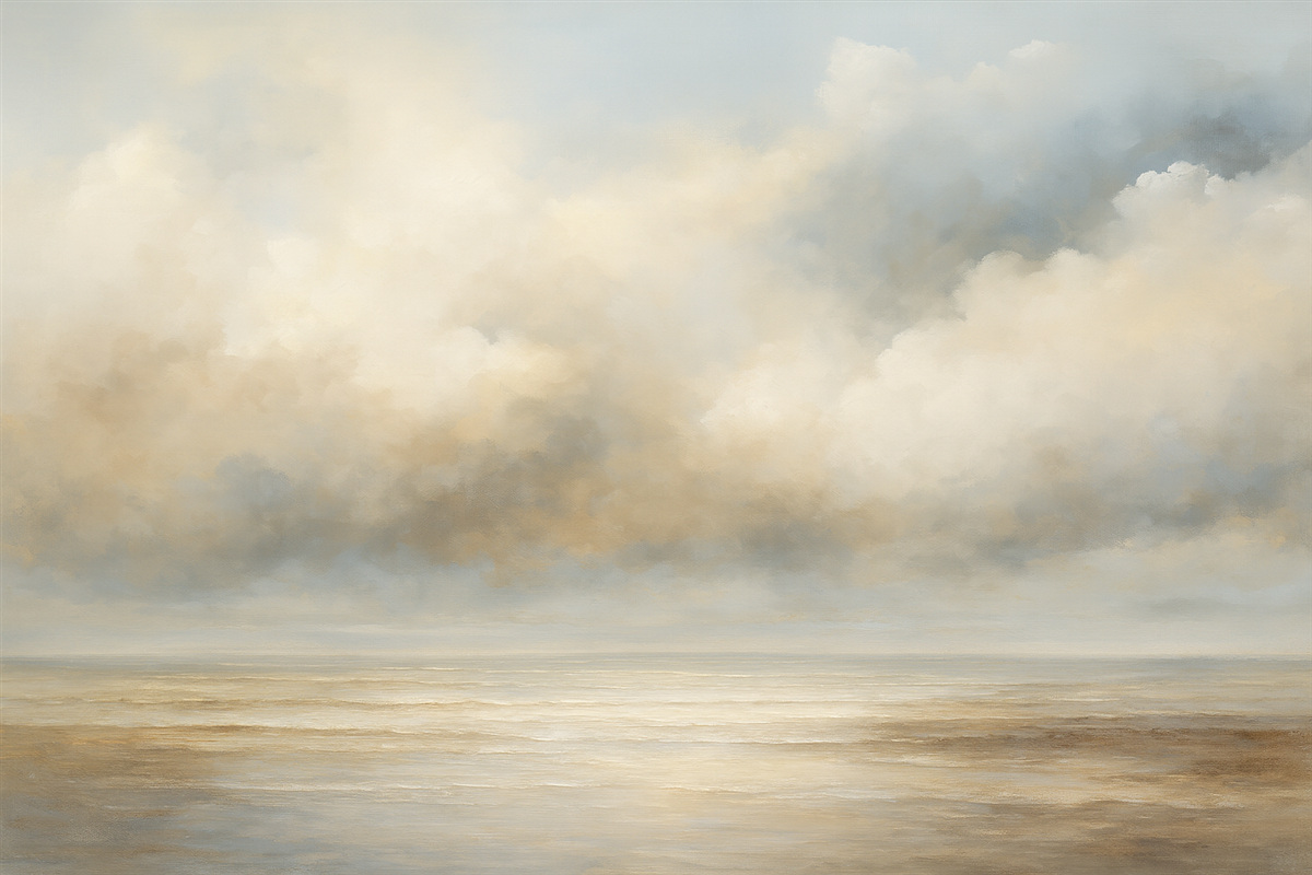 Fototapeta Pejzaż malowany akwarelami z chmurami i oceanem.