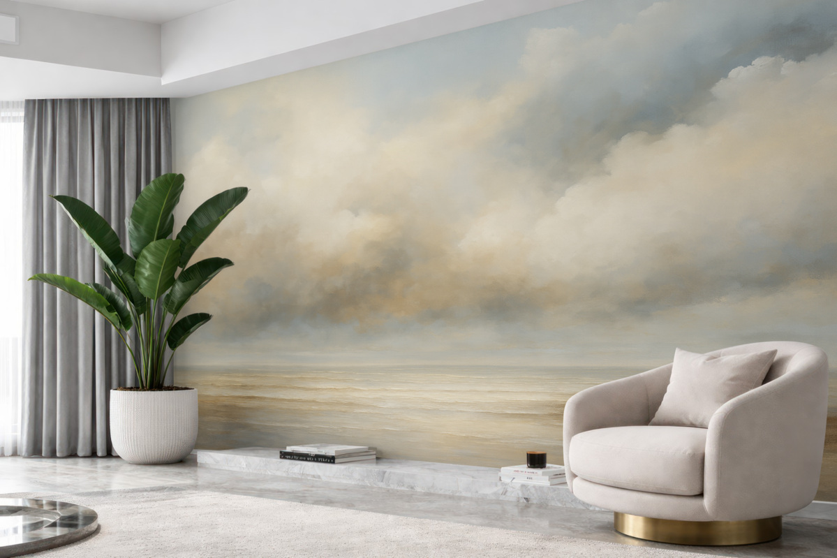 Fototapeta Pejzaż malowany akwarelami z chmurami i oceanem.