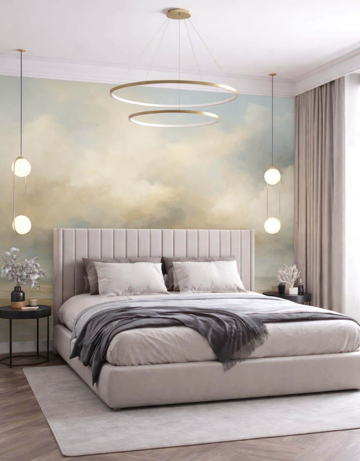 Fototapeta Pejzaż malowany akwarelami z chmurami i oceanem.