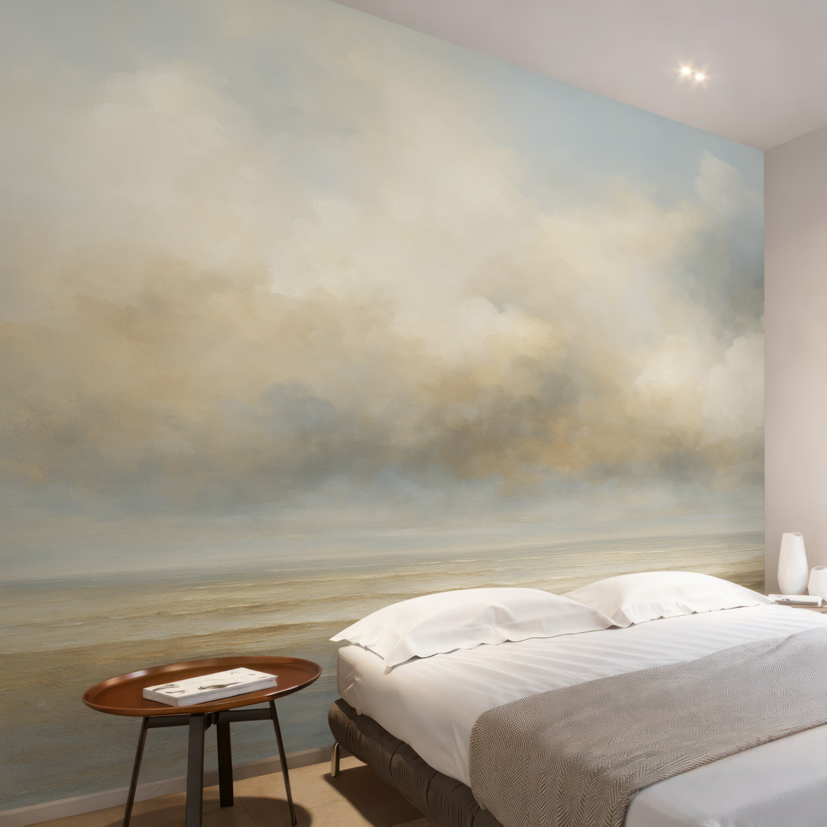 Fototapeta Pejzaż malowany akwarelami z chmurami i oceanem.