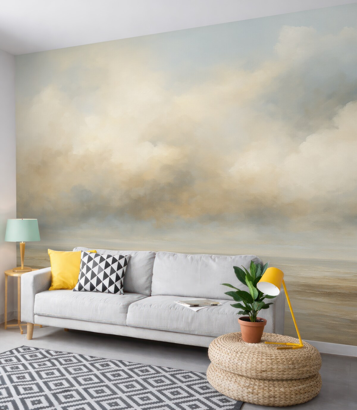 Fototapeta Pejzaż malowany akwarelami z chmurami i oceanem.