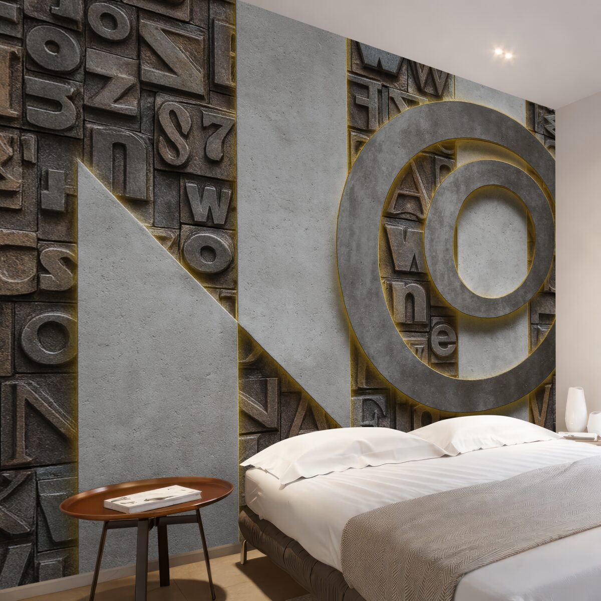Fototapeta Nowoczesna tapeta w stylu loftowym z odwzorowaniem trójwymiarowych liter, betonu i oświetlenia.