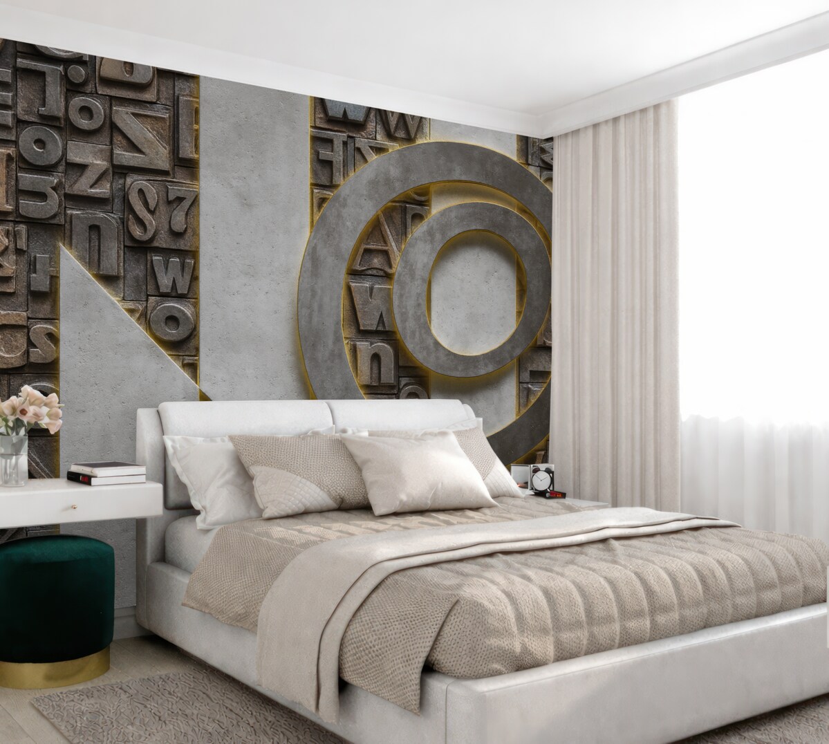 Fototapeta Nowoczesna tapeta w stylu loftowym z odwzorowaniem trójwymiarowych liter, betonu i oświetlenia.