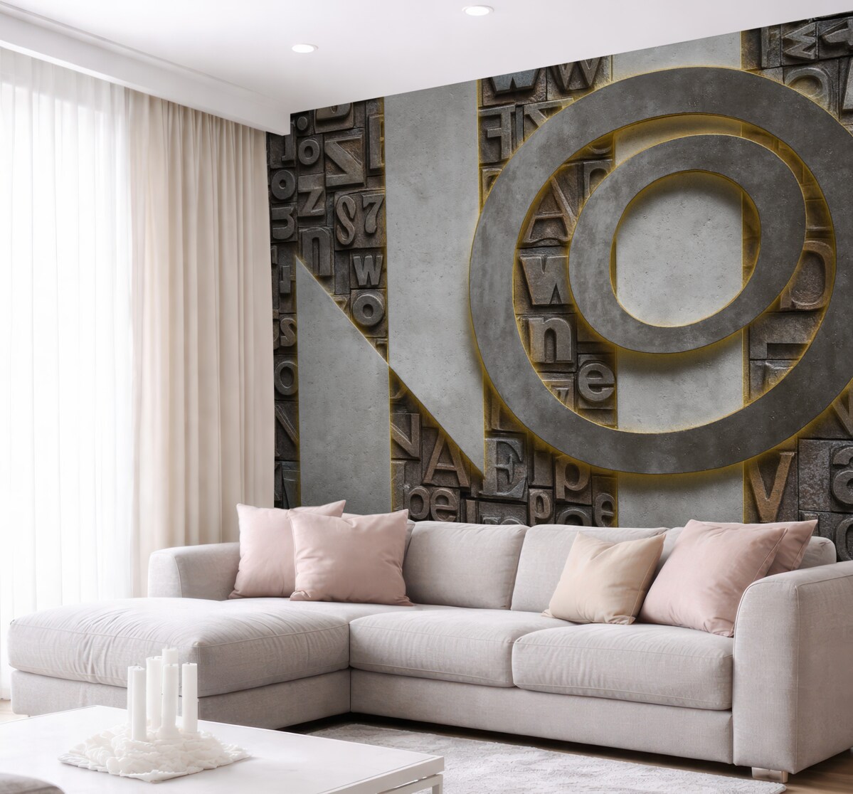 Fototapeta Nowoczesna tapeta w stylu loftowym z odwzorowaniem trójwymiarowych liter, betonu i oświetlenia.