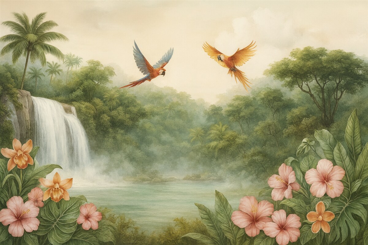 Fototapeta Tropikalny pejzaż z wodospadem, stawem, kwiatami i ptakami.