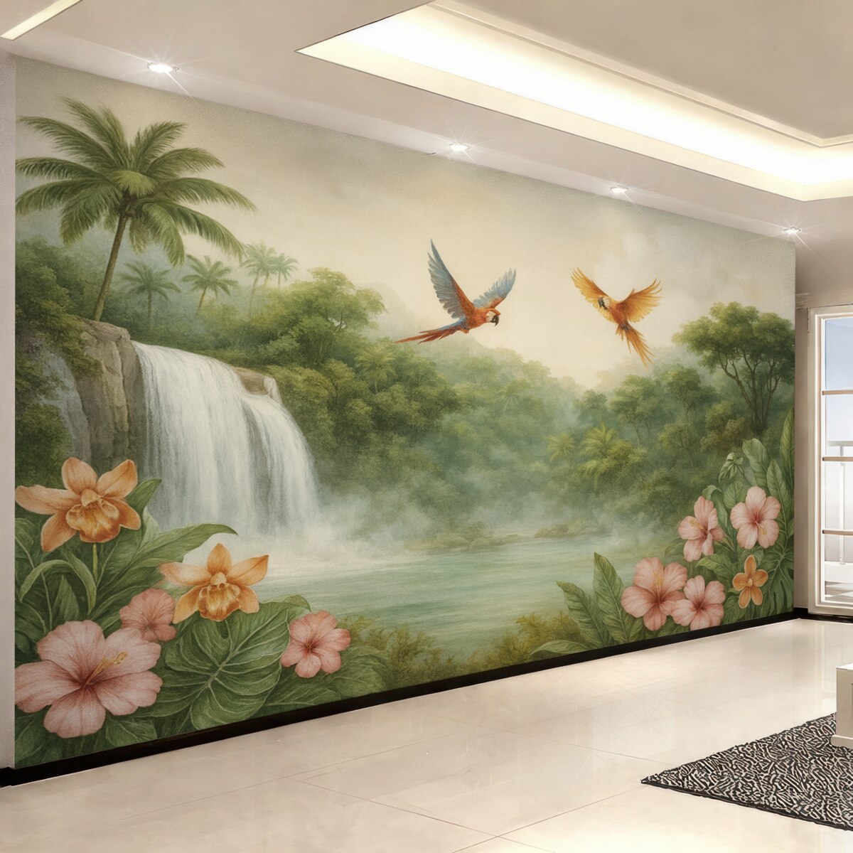 Fototapeta Tropikalny pejzaż z wodospadem, stawem, kwiatami i ptakami.