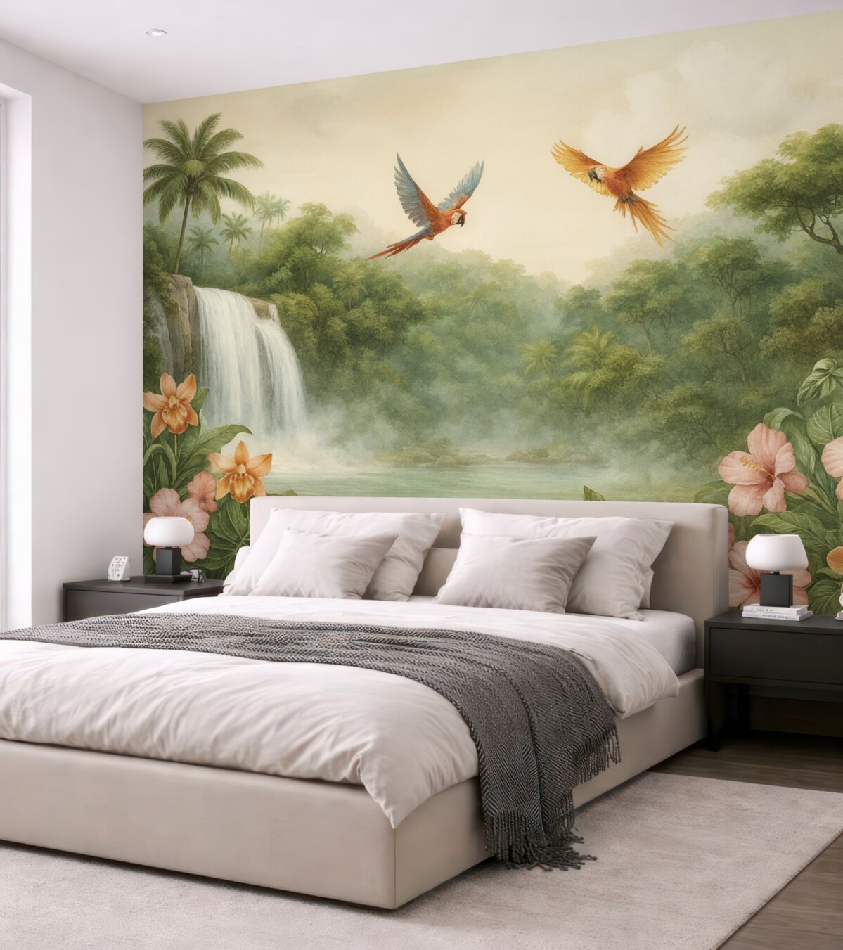 Fototapeta Tropikalny pejzaż z wodospadem, stawem, kwiatami i ptakami.