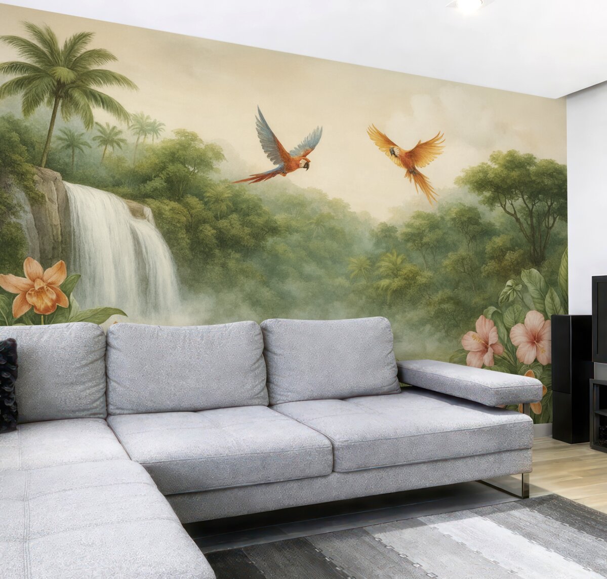 Fototapeta Tropikalny pejzaż z wodospadem, stawem, kwiatami i ptakami.