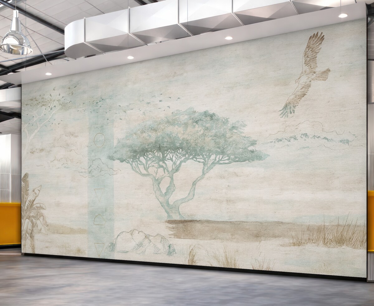 Fototapeta Projekt w stylu vintage z efektem grunge, przedstawiający drzewa, orła i elementy geometryczne.