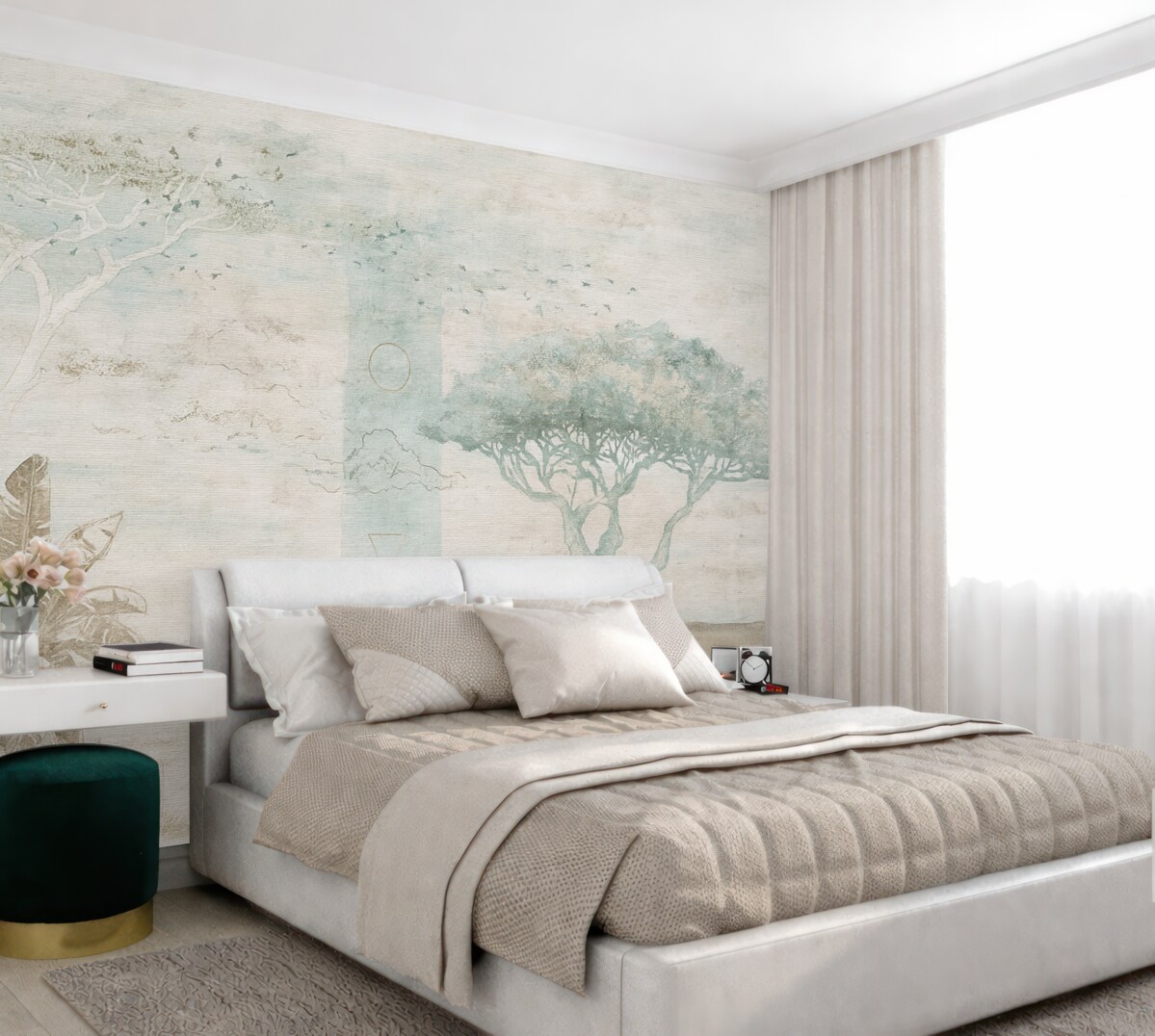 Fototapeta Projekt w stylu vintage z efektem grunge, przedstawiający drzewa, orła i elementy geometryczne.