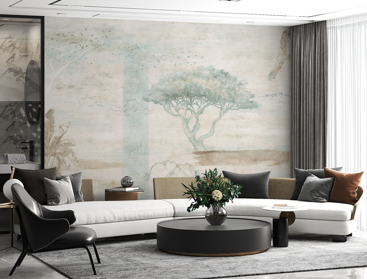 Fototapeta Projekt w stylu vintage z efektem grunge, przedstawiający drzewa, orła i elementy geometryczne.