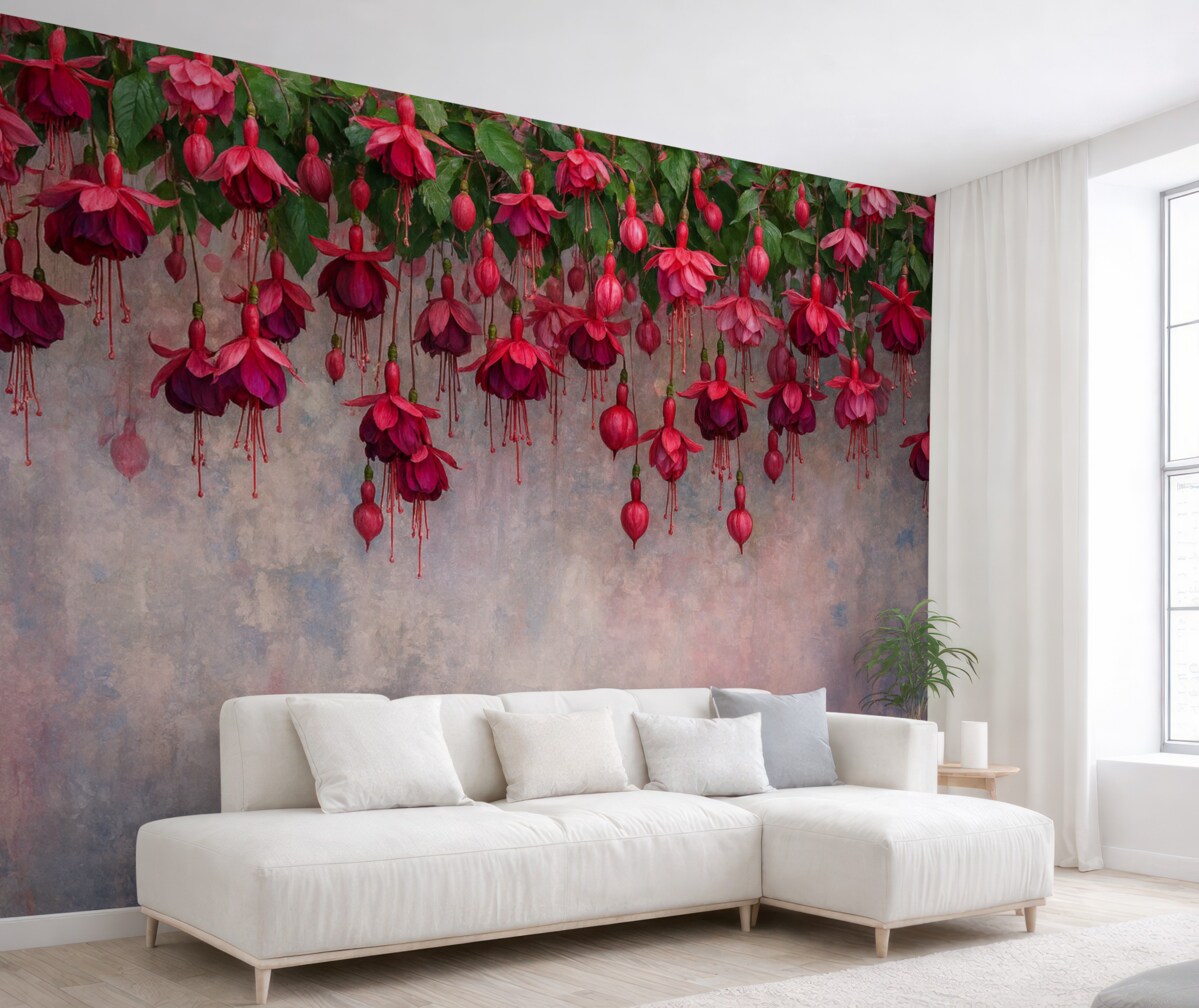 Fototapeta Wielkie fuksjowe kwiaty opadające z góry na tle stylowej ściany z efektem przetarć.