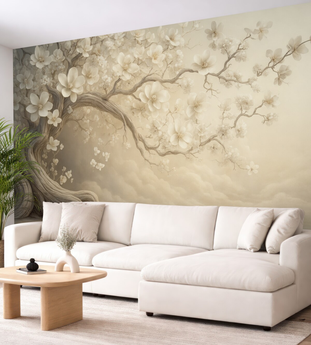 Fototapeta Urokliwe drzewo z białymi kwiatami na tle chmur w intrygującym stylu w subtelnych ciepłych odcieniach.