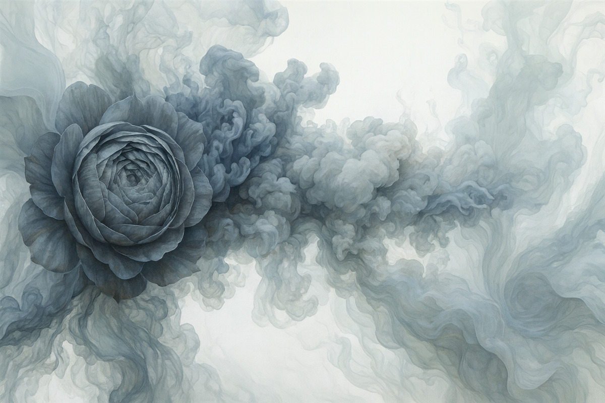 Fototapeta Róża w oparach. Tapeta zainspirowana lekkimi wzorami degradacji i róży. W chłodnych odcieniach.
