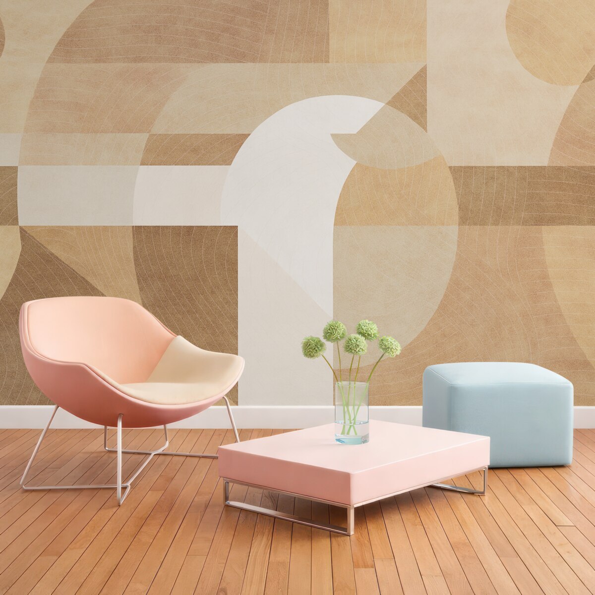 Fototapeta Współczesna geometria z abstrakcyjnymi formami, teksturowane detale w odcieniach piasku i czekolady.