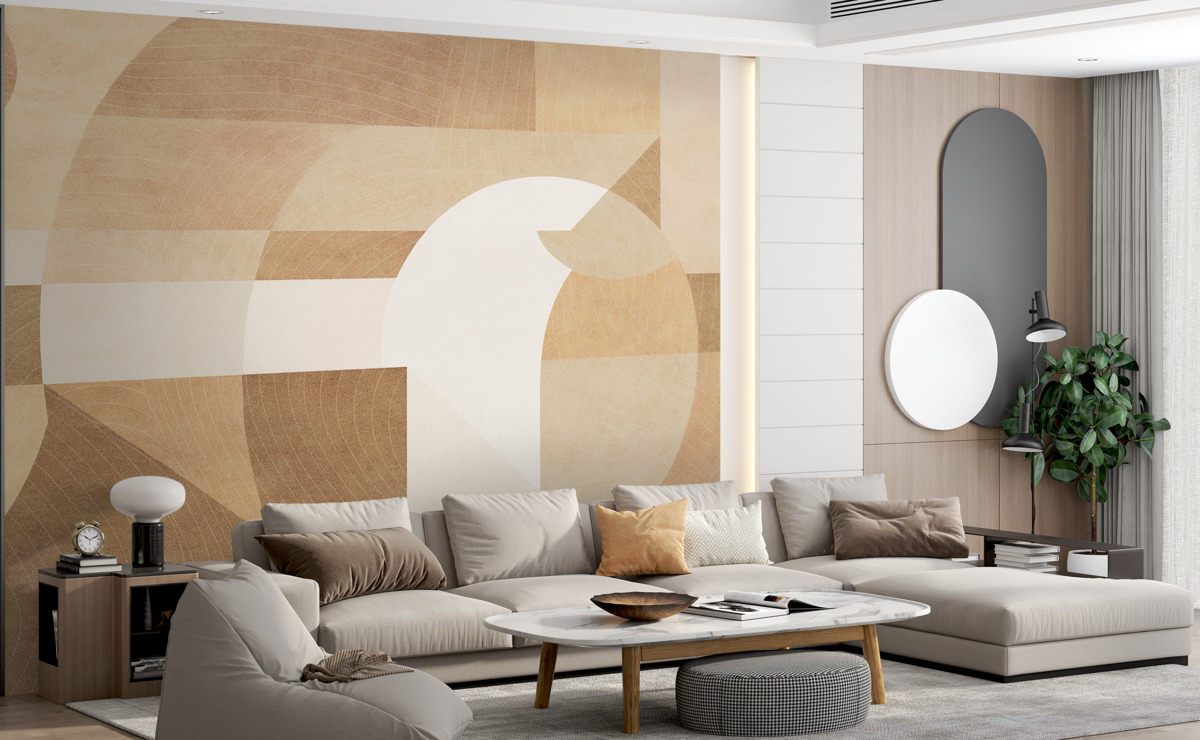 Fototapeta Współczesna geometria z abstrakcyjnymi formami, teksturowane detale w odcieniach piasku i czekolady.