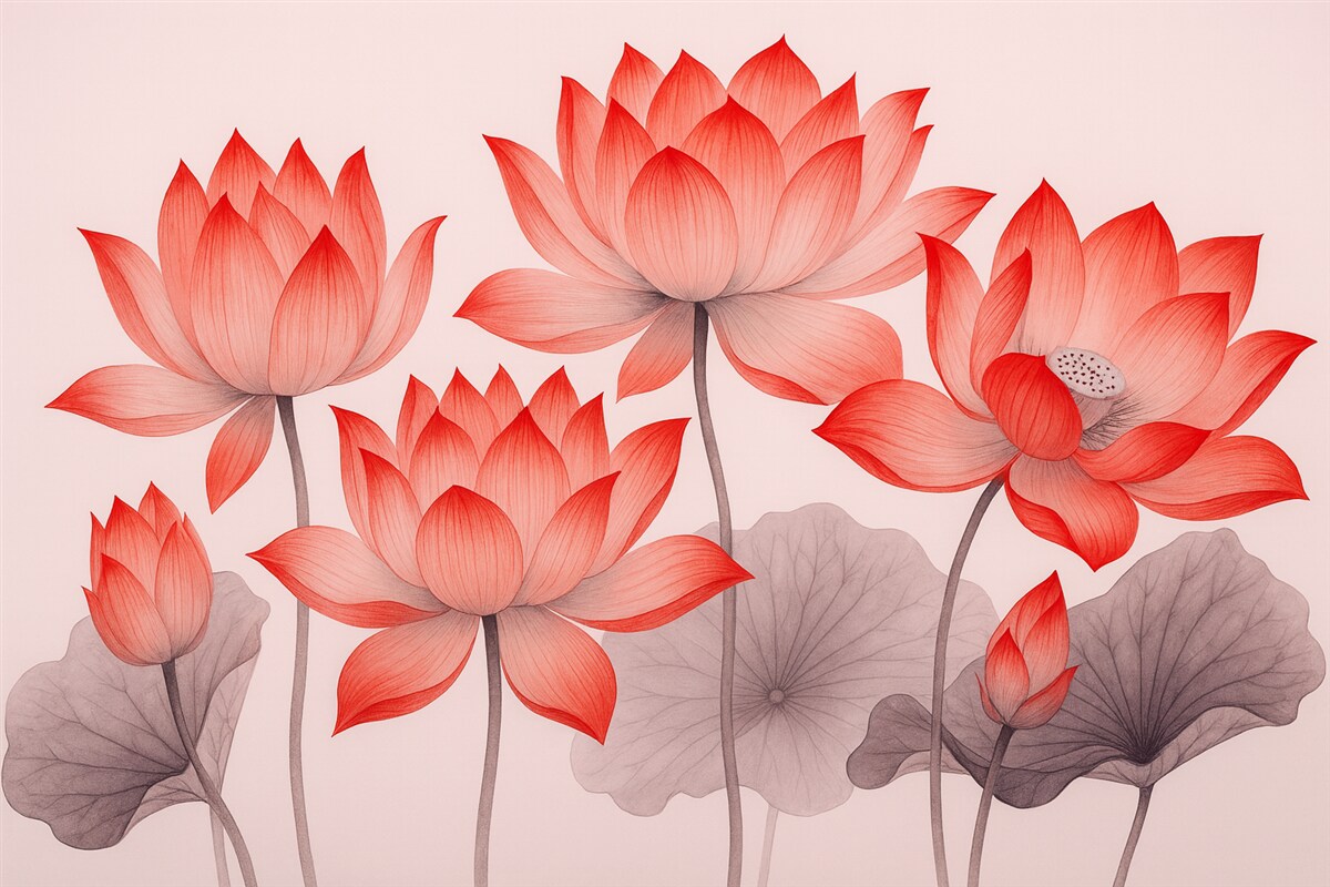 Fototapeta Trzy czerwone kwiaty lotosu w chińskim stylu artystycznym.