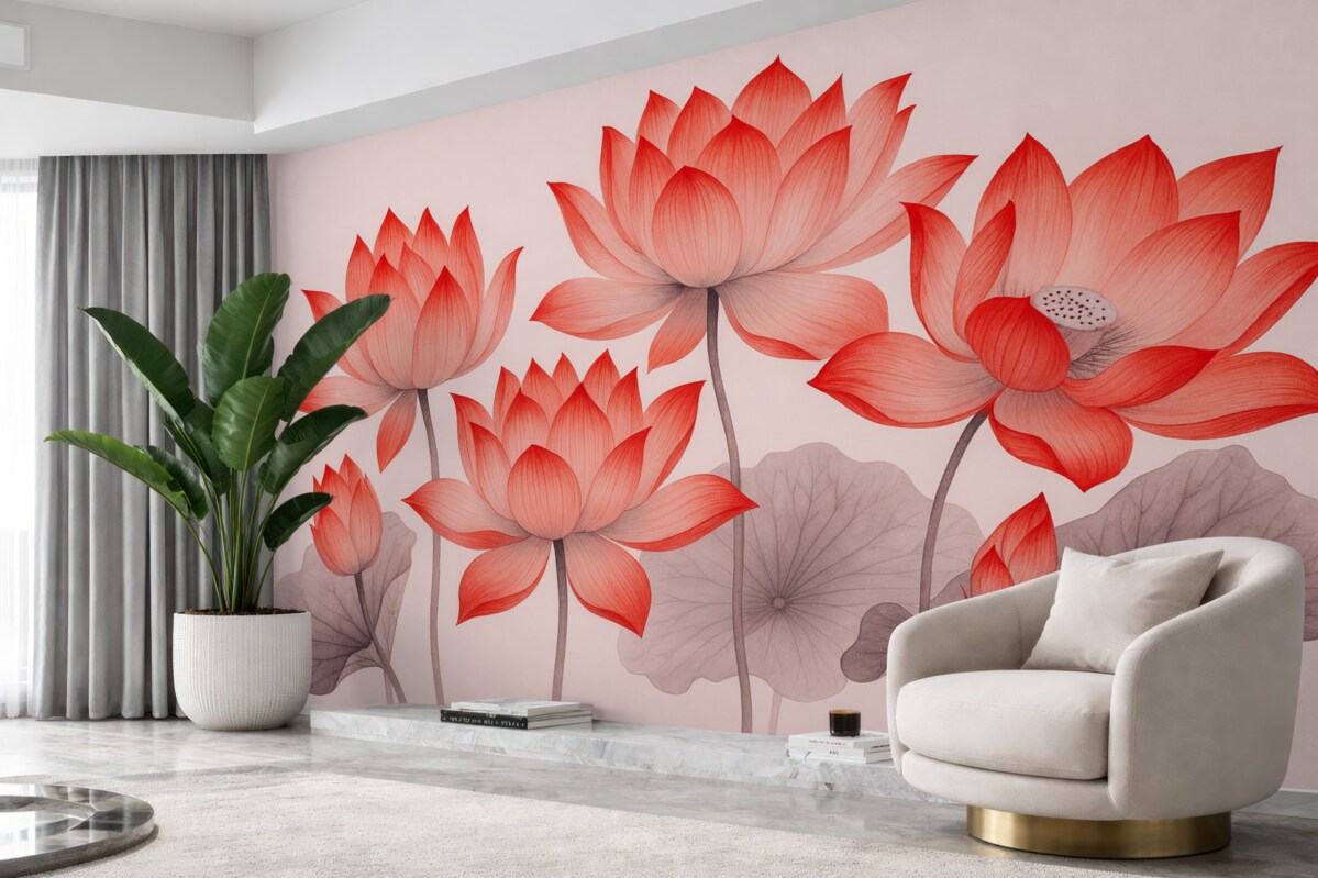 Fototapeta Trzy czerwone kwiaty lotosu w chińskim stylu artystycznym.