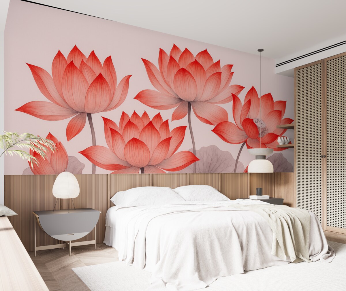 Fototapeta Trzy czerwone kwiaty lotosu w chińskim stylu artystycznym.