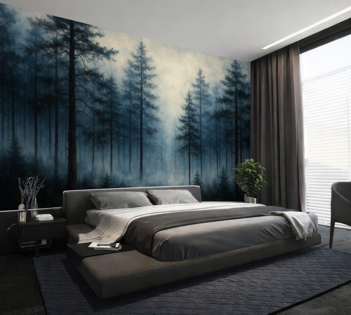 Fototapeta Mistyczny las, sosny, mgła, akryl, głębokie niebieskie barwy.