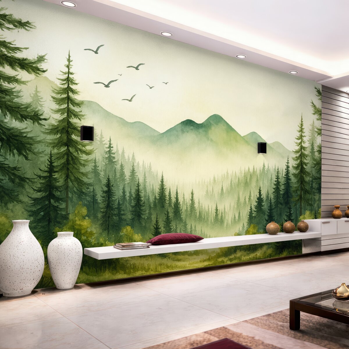 Fototapeta Akwarela przedstawia leśne i górskie pejzaże, zieloną gamę kolorów.