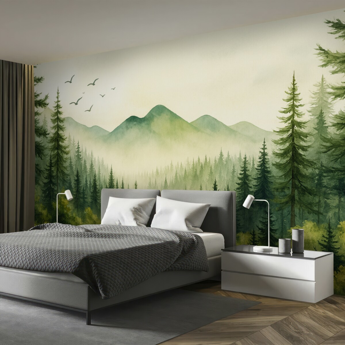 Fototapeta Akwarela przedstawia leśne i górskie pejzaże, zieloną gamę kolorów.