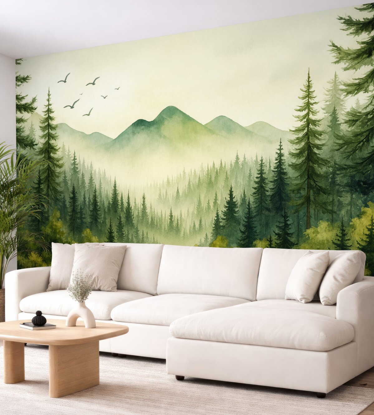 Fototapeta Akwarela przedstawia leśne i górskie pejzaże, zieloną gamę kolorów.