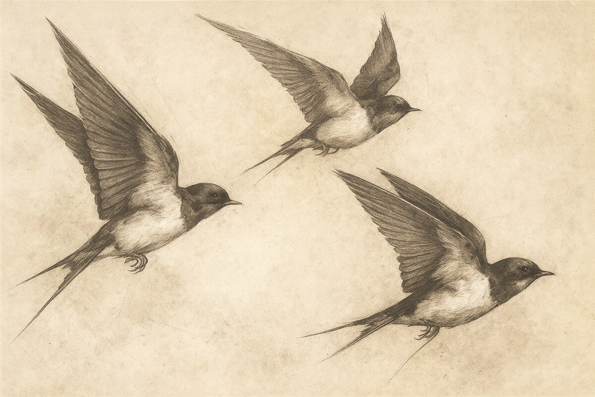 Fototapeta Latające ptaki, wróbelki, rysunek atramentem, prostota, beżowe odcienie.