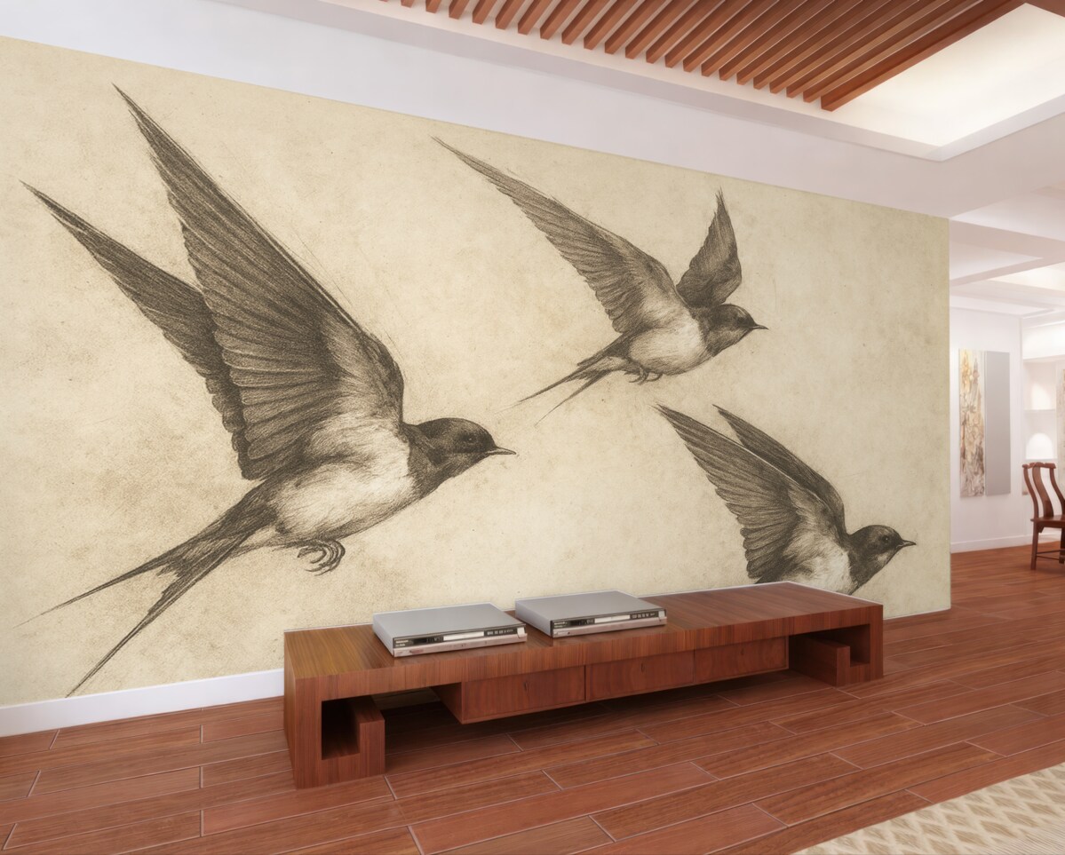 Fototapeta Latające ptaki, wróbelki, rysunek atramentem, prostota, beżowe odcienie.