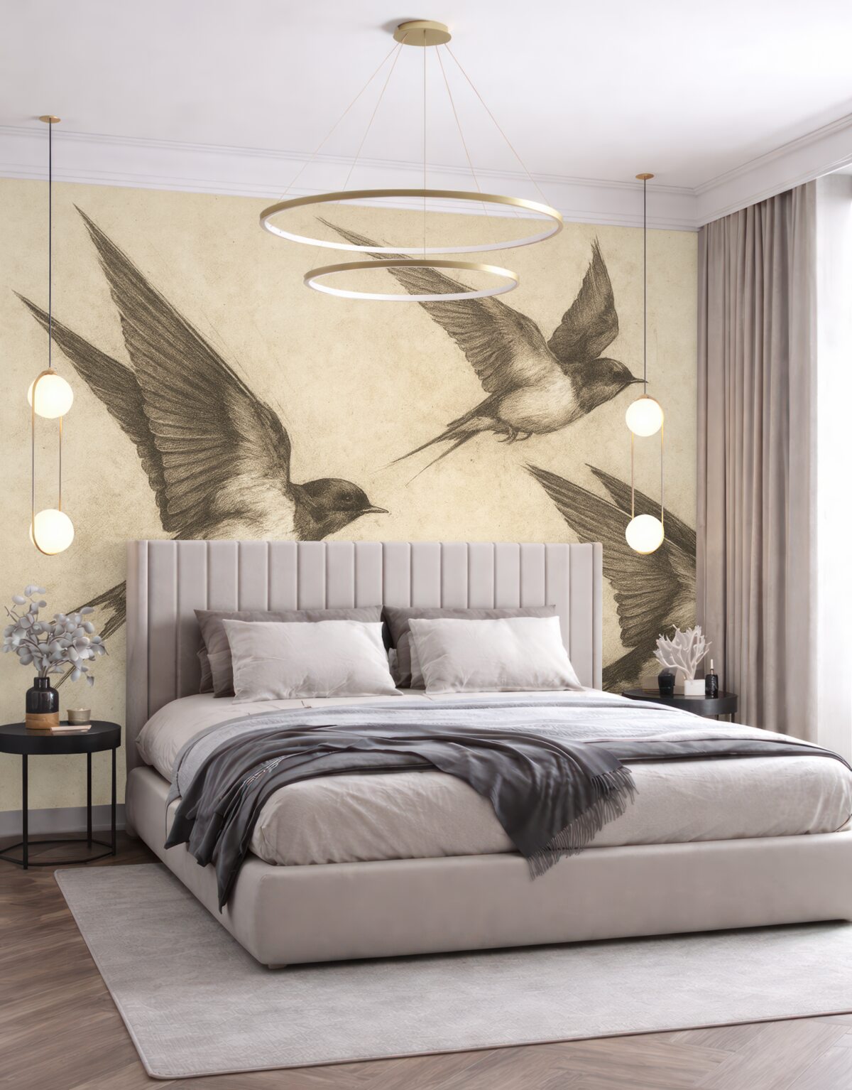 Fototapeta Latające ptaki, wróbelki, rysunek atramentem, prostota, beżowe odcienie.