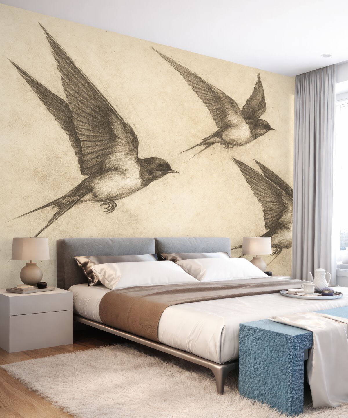 Fototapeta Latające ptaki, wróbelki, rysunek atramentem, prostota, beżowe odcienie.