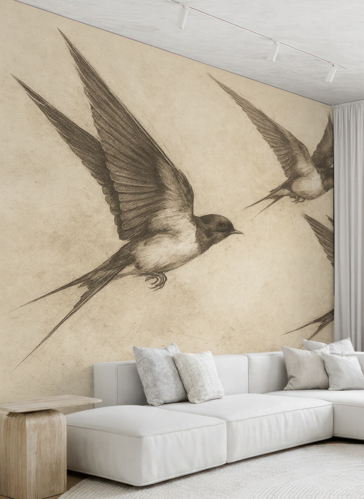 Fototapeta Latające ptaki, wróbelki, rysunek atramentem, prostota, beżowe odcienie.