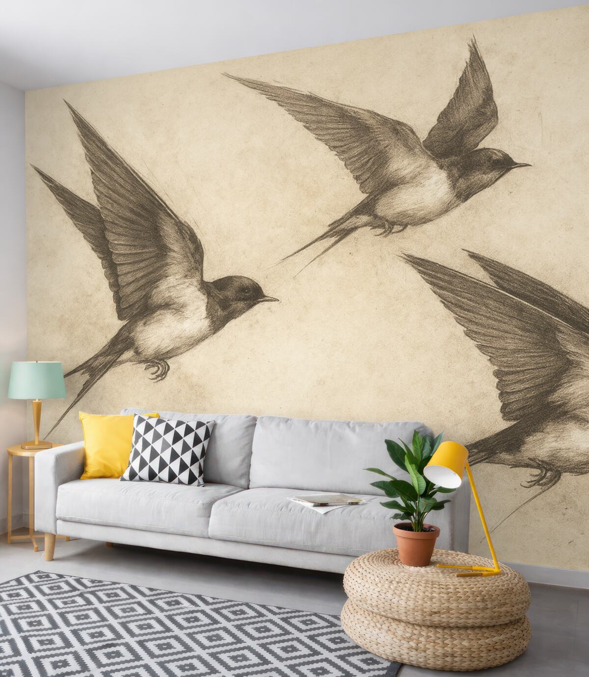 Fototapeta Latające ptaki, wróbelki, rysunek atramentem, prostota, beżowe odcienie.