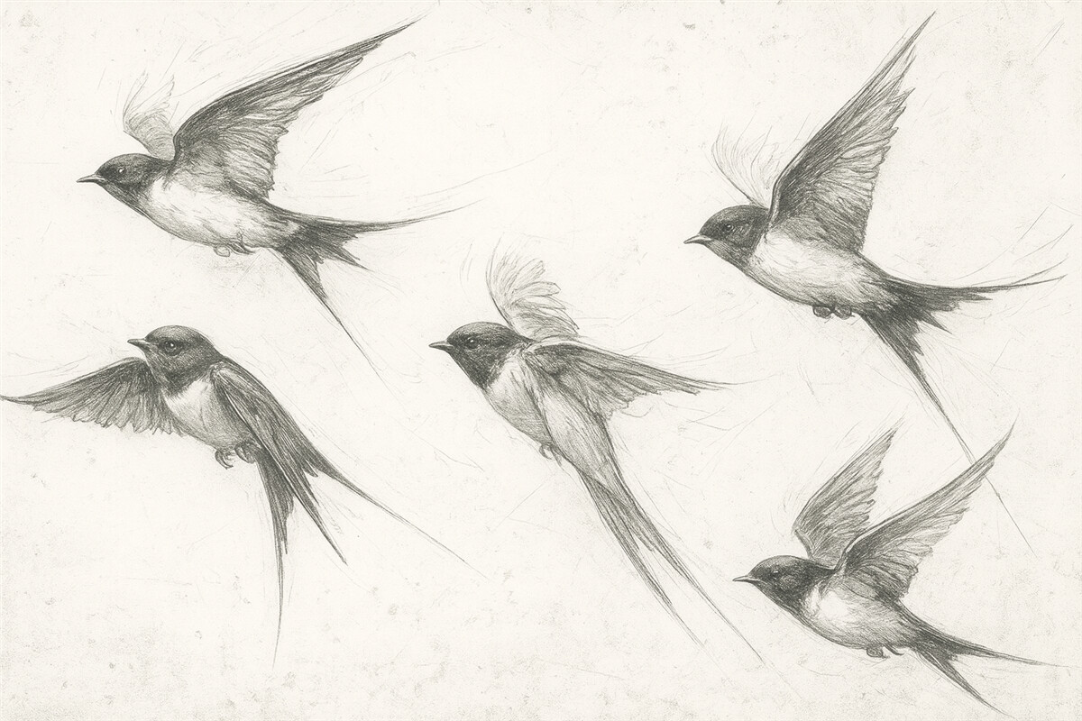 Fototapeta Ptaki w locie, rysunek za pomocą tuszu, prostota, szare odcienie.