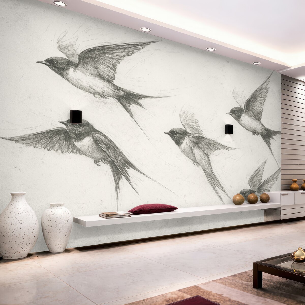 Fototapeta Ptaki w locie, rysunek za pomocą tuszu, prostota, szare odcienie.