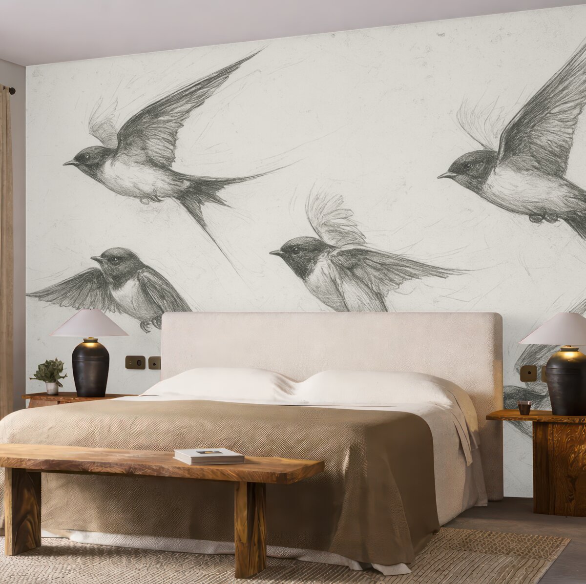 Fototapeta Ptaki w locie, rysunek za pomocą tuszu, prostota, szare odcienie.