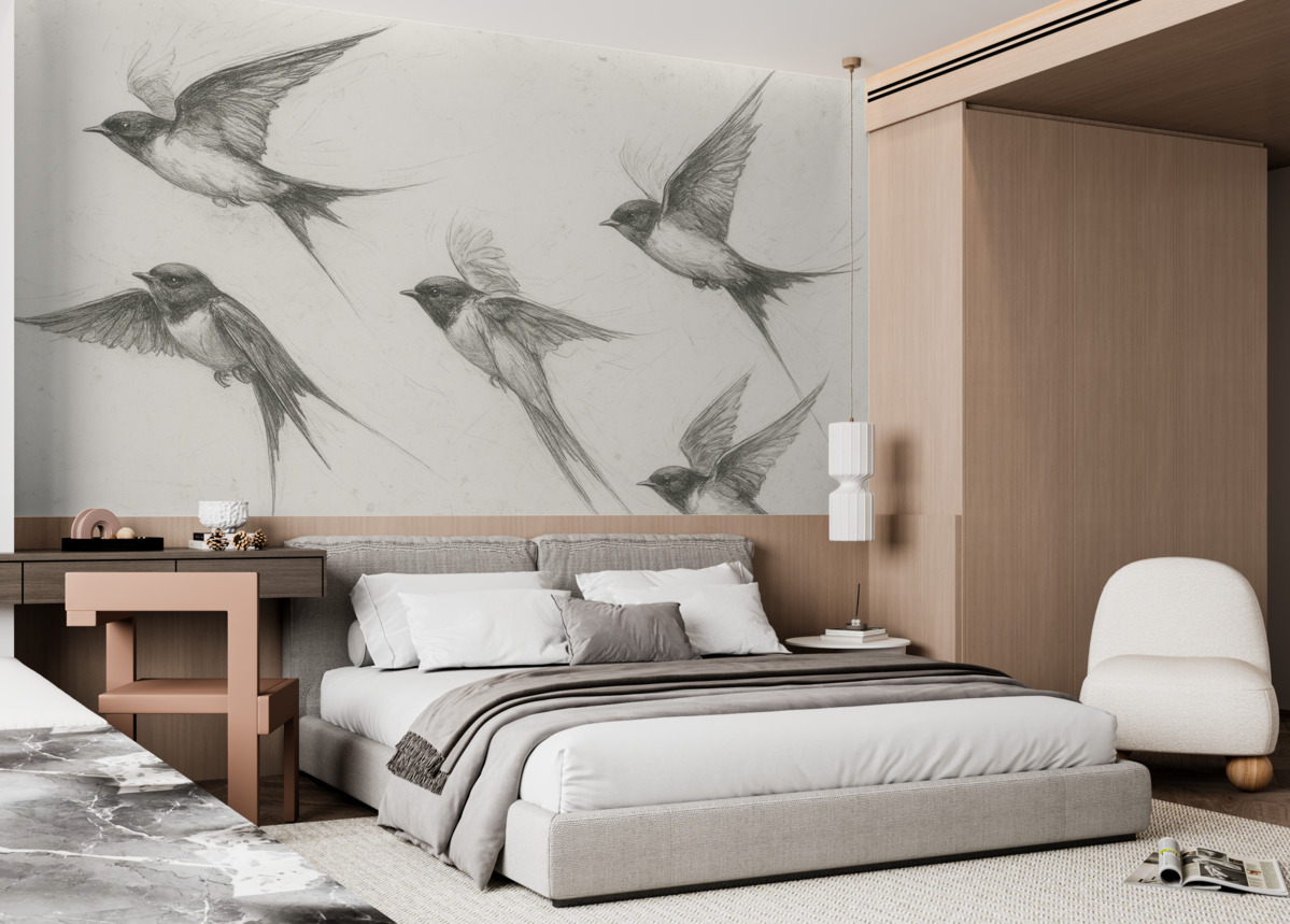 Fototapeta Ptaki w locie, rysunek za pomocą tuszu, prostota, szare odcienie.