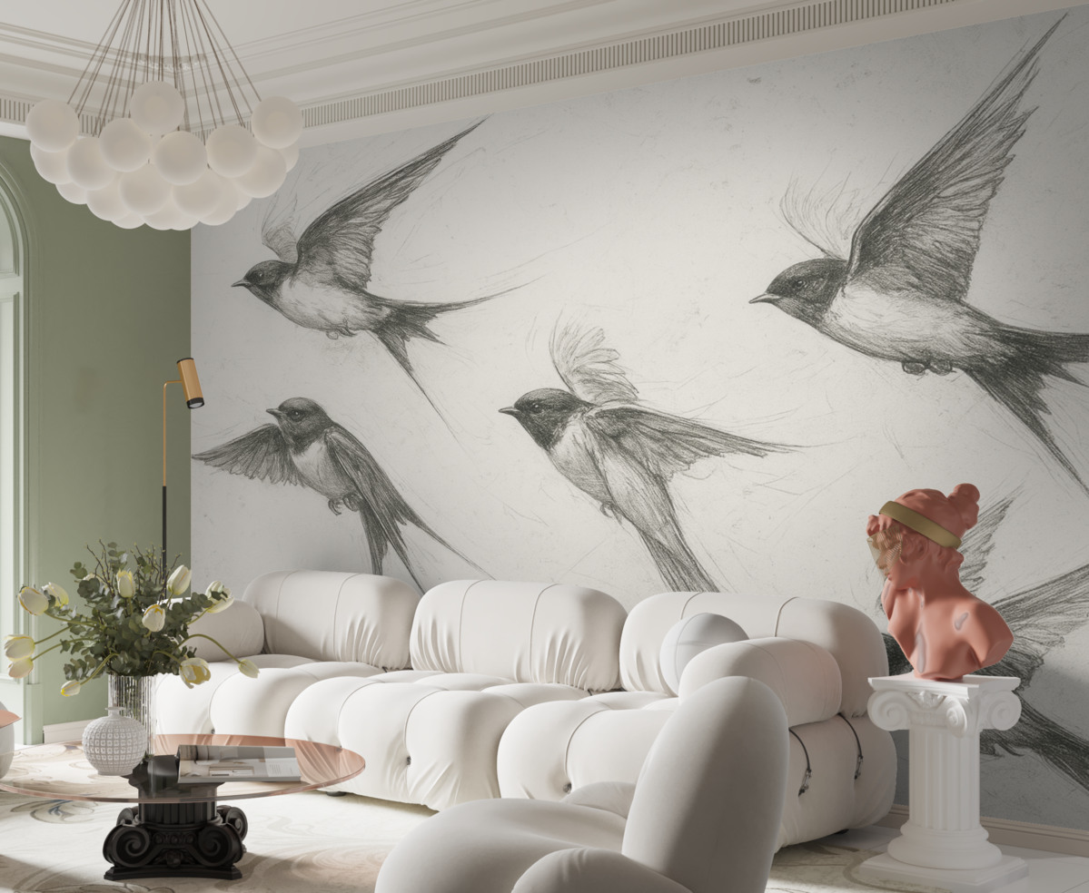 Fototapeta Ptaki w locie, rysunek za pomocą tuszu, prostota, szare odcienie.