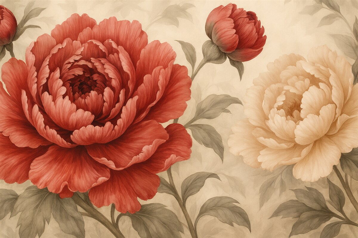 Fototapeta Czerwone i kremowe piwonie z zielonymi liśćmi.