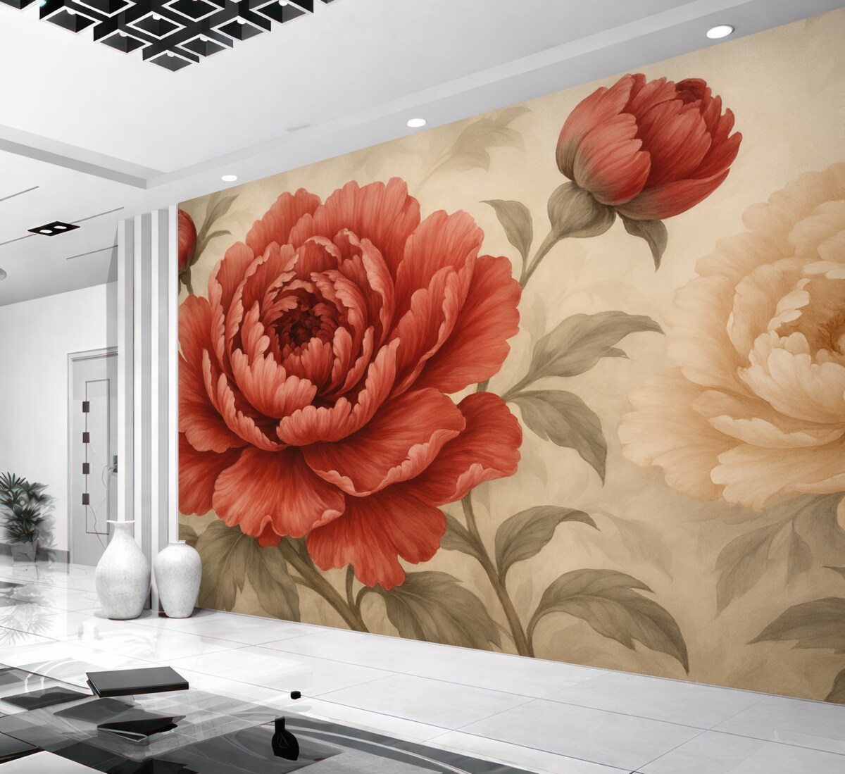 Fototapeta Czerwone i kremowe piwonie z zielonymi liśćmi.