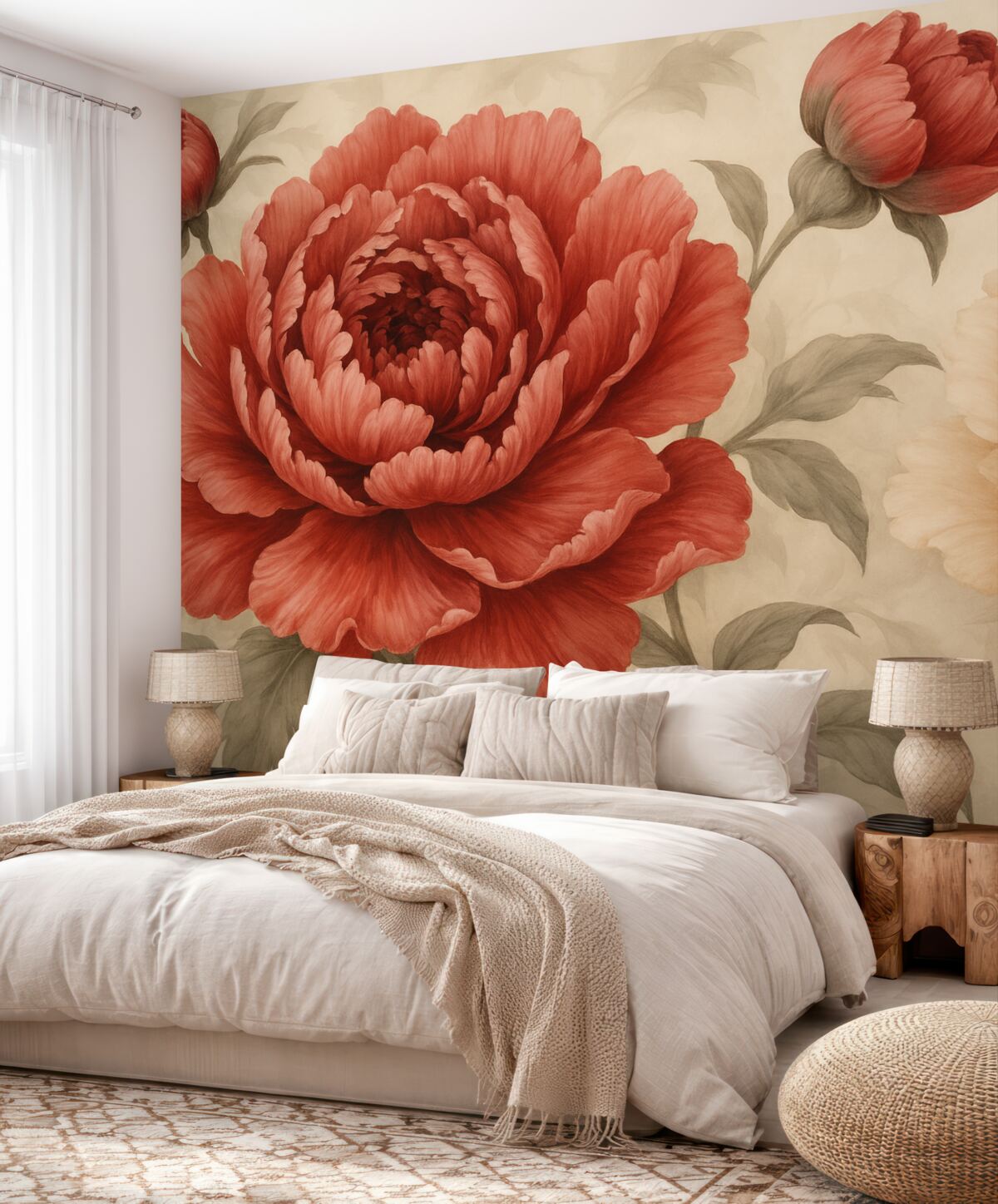 Fototapeta Czerwone i kremowe piwonie z zielonymi liśćmi.