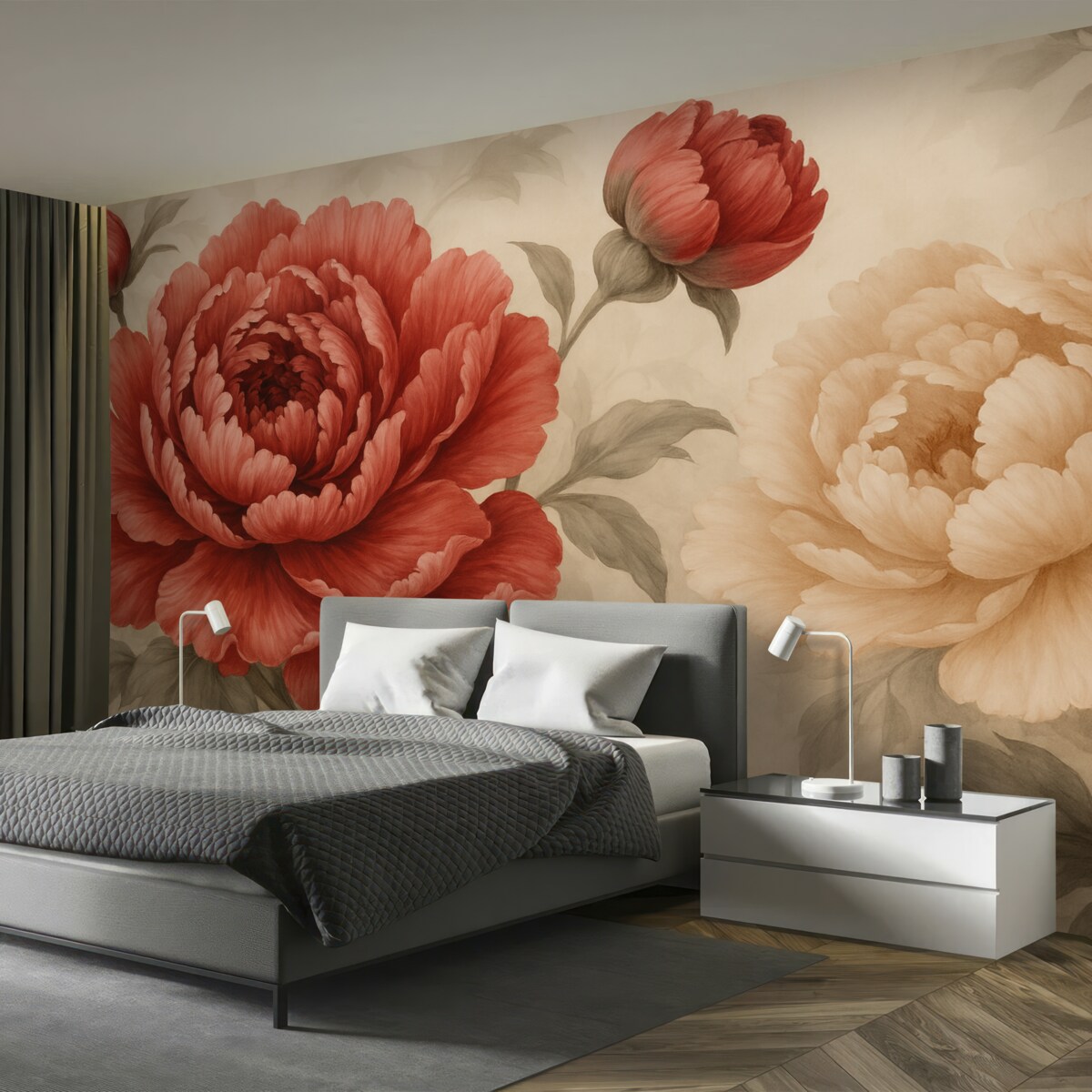 Fototapeta Czerwone i kremowe piwonie z zielonymi liśćmi.