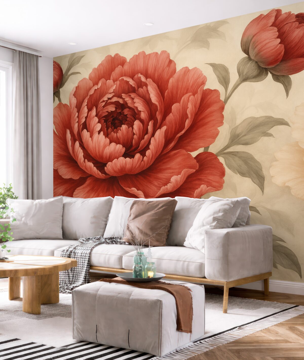 Fototapeta Czerwone i kremowe piwonie z zielonymi liśćmi.