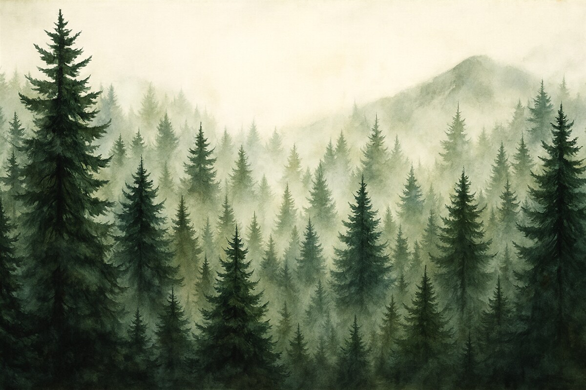 Fototapeta Zamglony las w subtelnych tonach zieleni.