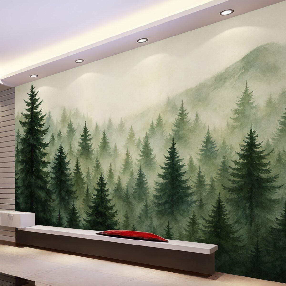 Fototapeta Zamglony las w subtelnych tonach zieleni.