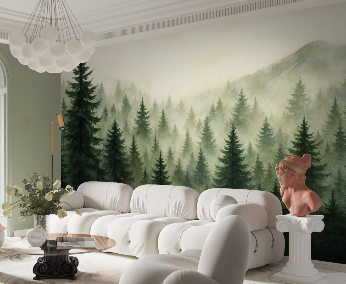 Fototapeta Zamglony las w subtelnych tonach zieleni.