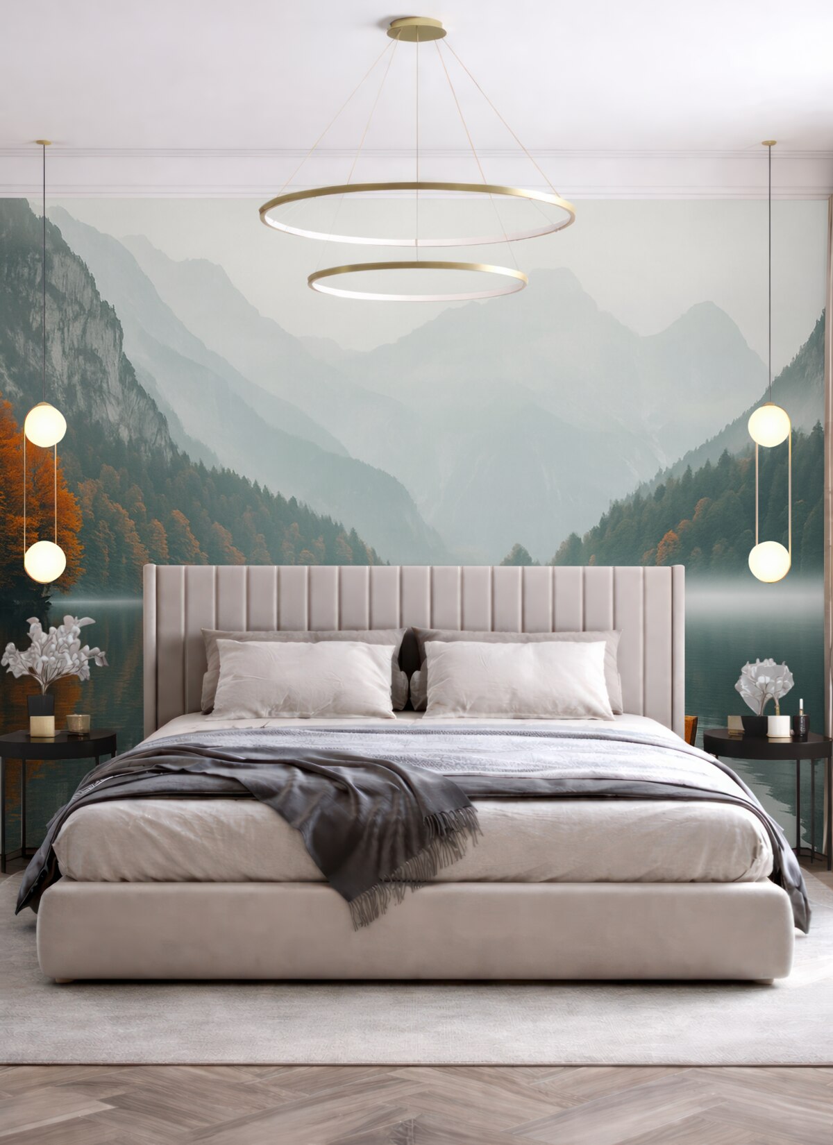 Fototapeta Drewniana łódź unosi się po jeziorze, otoczona gęstą mgłą i wzgórzami w tle.